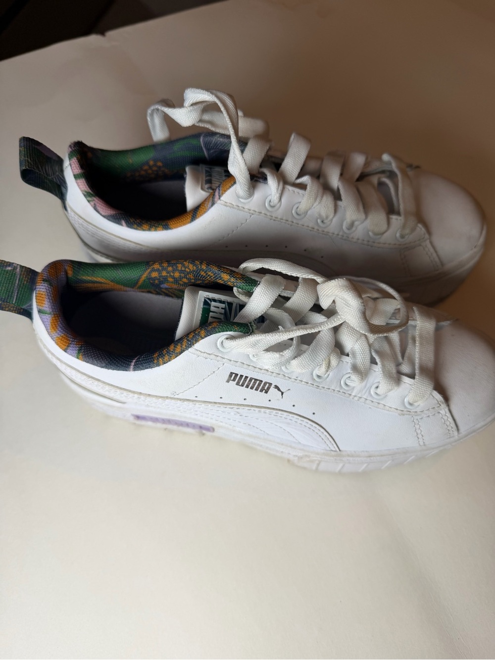 Puma White Kids Sneakers with Green & Purple Floral Collar